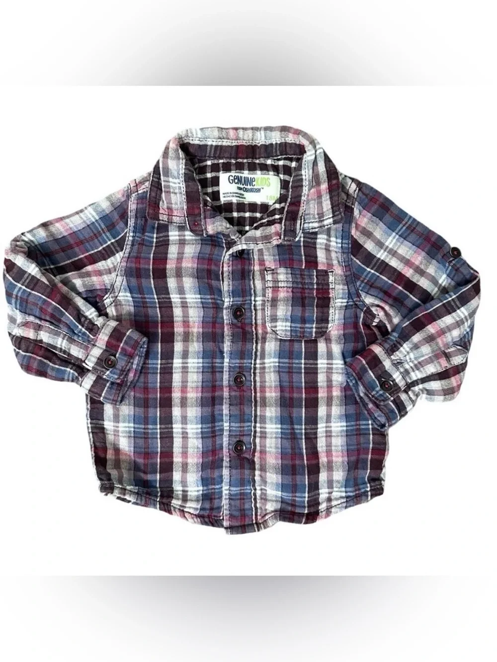 OshKosh B'Gosh 18m Boys Red Blue plaid long sleeve button down collared shirt